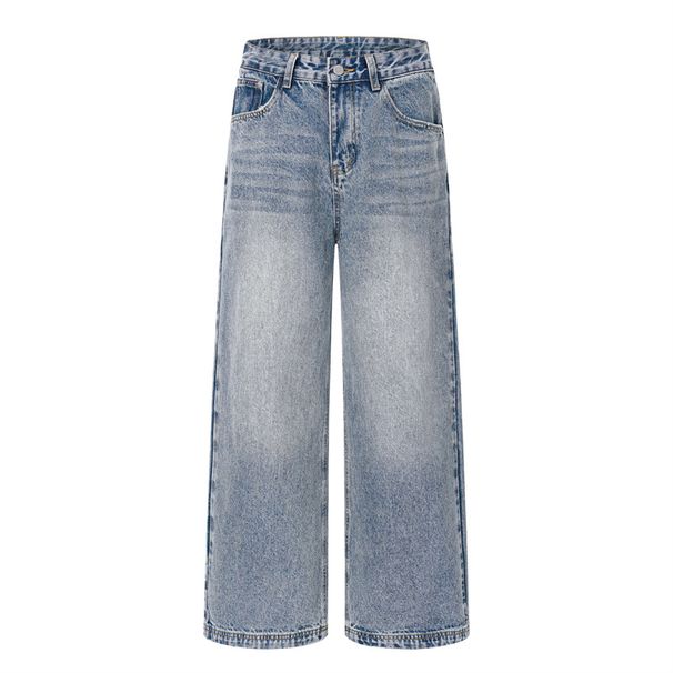Retro Blue Straight Leg Jeans Trendy American Street Style for Men And Women Slimming Washed Casual Normcore Three Dimensional Long Pants_mkmklike.com