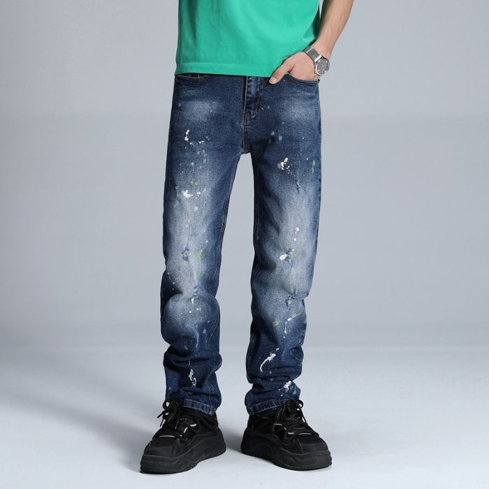 Men's Relaxed Fit Vintage Washed Denim Jeans - Dark Blue With White Fading, Cotton Comfort, Straight Leg Casual Trousers_mkmklike.com
