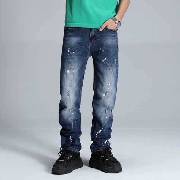 Men's Relaxed Fit Vintage Washed Denim Jeans - Dark Blue With White Fading, Cotton Comfort, Straight Leg Casual Trousers_mkmklike.com