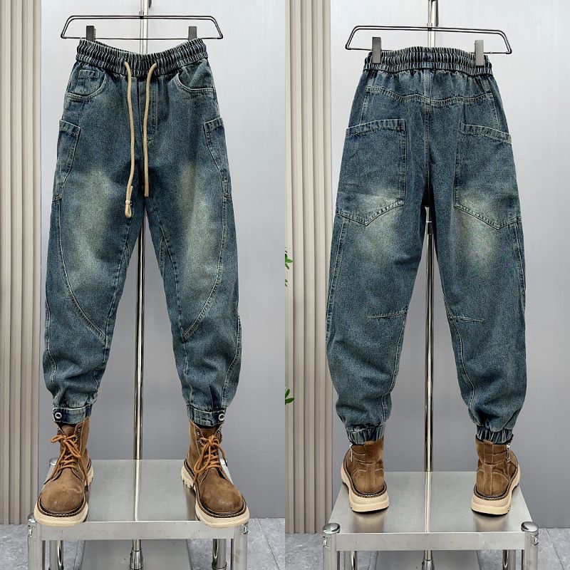 Leggings Ruffian Handsome Jeans Men's Multi-pocket Loose Splicing Harlan Pants Youth Washed Retro Trendy Scimitar Pants_mkmklike.com