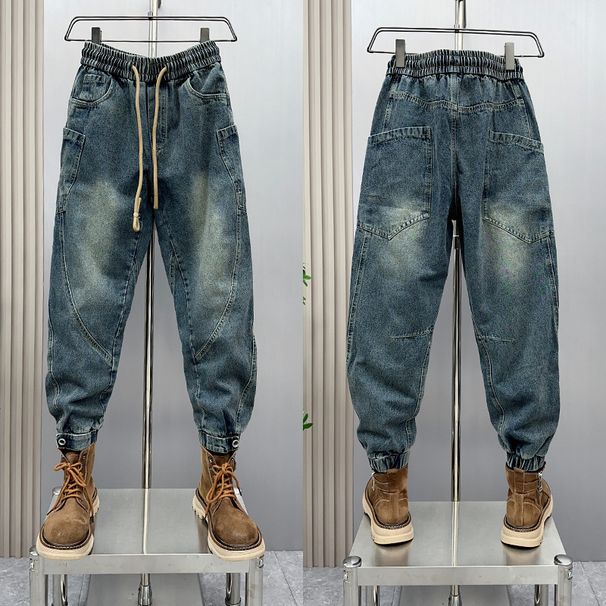 Leggings Ruffian Handsome Jeans Men's Multi-pocket Loose Splicing Harlan Pants Youth Washed Retro Trendy Scimitar Pants_mkmklike.com
