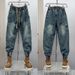 Leggings Ruffian Handsome Jeans Men's Multi-pocket Loose Splicing Harlan Pants Youth Washed Retro Trendy Scimitar Pants_mkmklike.com