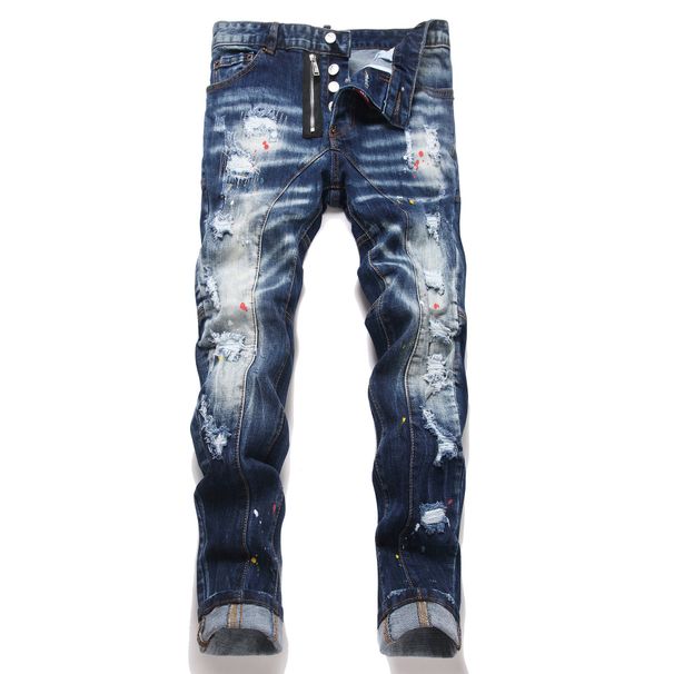 Men's Slim Fit Stretch Denim Jeans With Artistic Ripped Details & Zip Accents, Modern Tapered Leg For Trendy Urban Style_mkmklike.com