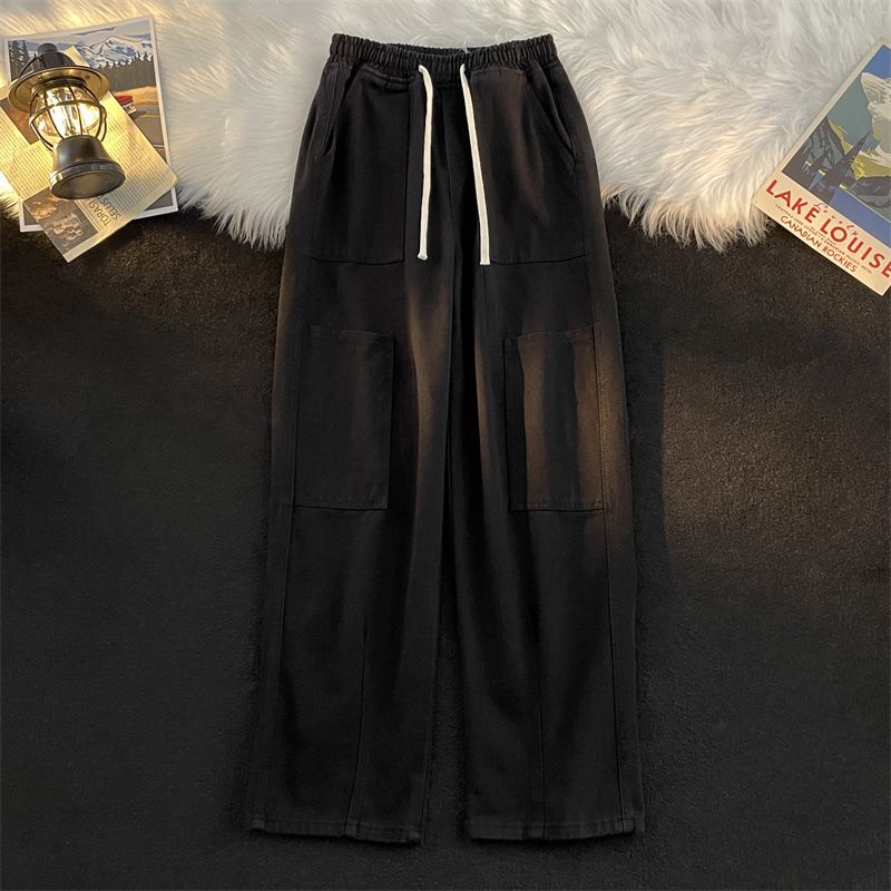 Multi-Pocket Workwear Jeans – Hong Kong Style Loose Fit With Drawstring Waist (Blue/Black)_mkmklike.com