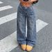 Blue Leopard Print Wide Leg Jeans High Waisted Loose Fitting Floor Length Retro American Style Women's Denim Pants_mkmklike.com