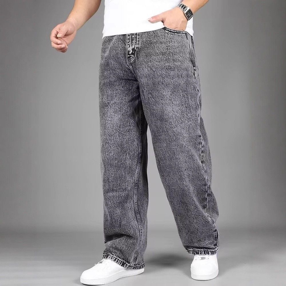 Men's High-End Trendy Casual Straight Jeans Black Gray Spring Autumn High Street Loose Wide Leg Pants_mkmklike.com