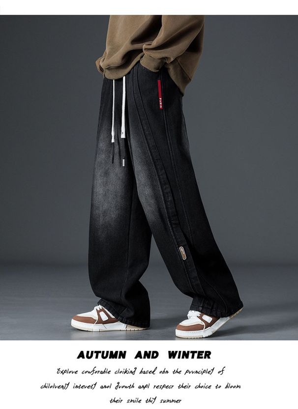Men's Clothing 3D Cut Silicone Striped Men's Jeans, Trendy Brand, Loose Straight Leg Wide Leg Jeans._mkmklike.com