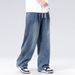 In Stock Spring Summer New Straight Wide Leg Jeans Loose Trendy Drawstring Versatile Simple Casual Long Pants Men_mkmklike.com