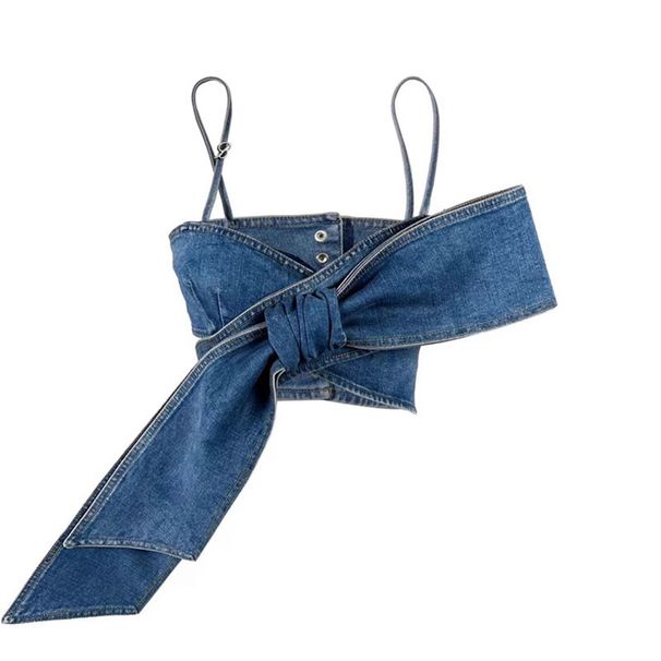 New Retro Hot Girl Personality Three Dimensional Bow Tube Top Vest Knot Straight Wide Leg Distressed Jeans Suit_mkmklike.com