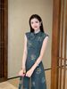 ELLE New Chinese Style Retro Blue Button Short Sleeve Denim Dress Elegant And Decent Waist-Cinching Improved Cheongsam For_mkmklike.com