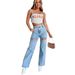 "Distressed High-Waisted Straight Leg Jeans For Women - Vintage Washed Denim With Chain Detail, Stretch Comfort (Light Blue, S-XXL)"_mkmklike.com
