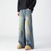 American High Street Floral Embroidery Straight Jeans For Men, Autumn Trendy Hip Hop Loose Casual Wide Leg P, Long_mkmklike.com