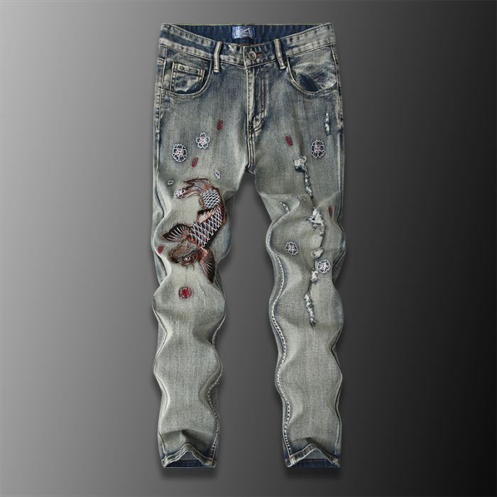 Chinese Style Brocade Carp Embroidered Jeans Men's Ripped Hole High Street Slim Fit Denim Pants Elastic Retro Men's Pants 50-135KG Can Be Worn_mkmklike.com