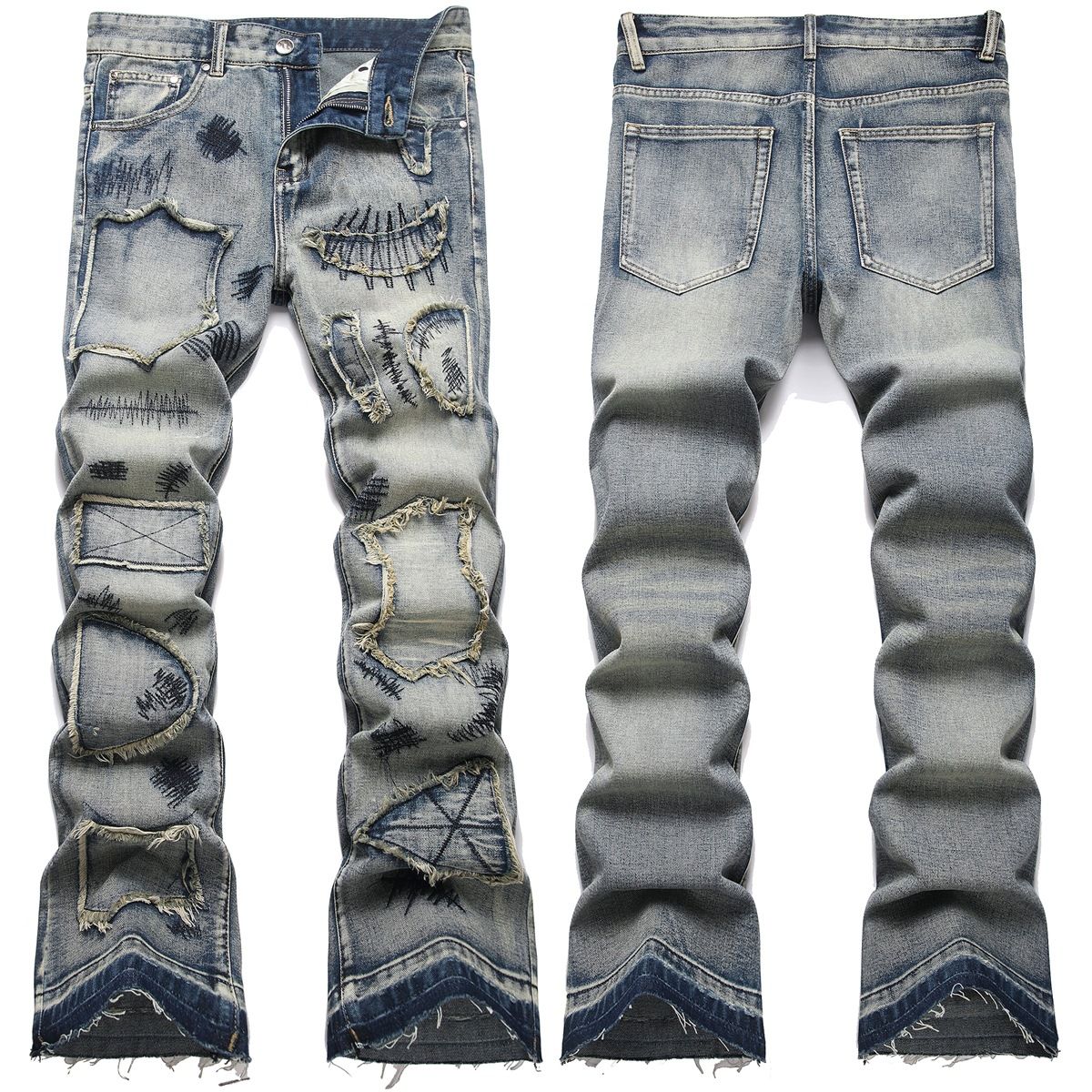 Men's Washed Blue Slim Fit Mid Waist Flared Denim Jeans - High Street Fashion With Embroidery Detail & Elastic Comfort_mkmklike.com