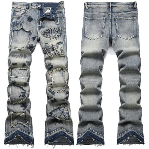 Men's Washed Blue Slim Fit Mid Waist Flared Denim Jeans - High Street Fashion With Embroidery Detail & Elastic Comfort_mkmklike.com