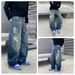 Men's Distressed Blue Washed Jeans - Relaxed Straight Leg Vintage Denim Pants With Hand-Painted Details & Hanging Beads (S-3XL, Classic Blue)_mkmklike.com