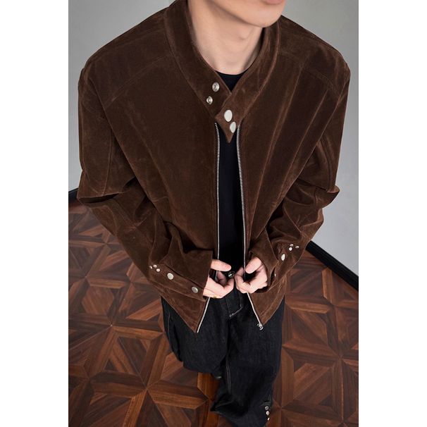 "Modern Era" Retro Maillard Autumn Cleanfit Short Suede Leather Harrington Flight Jacket_mkmklike.com
