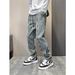 Men's Casual Washed Blue Jeans With Elastic Waist & Straight Leg - Comfortable Retro Style Loose Fit Trousers For Everyday Wear_mkmklike.com
