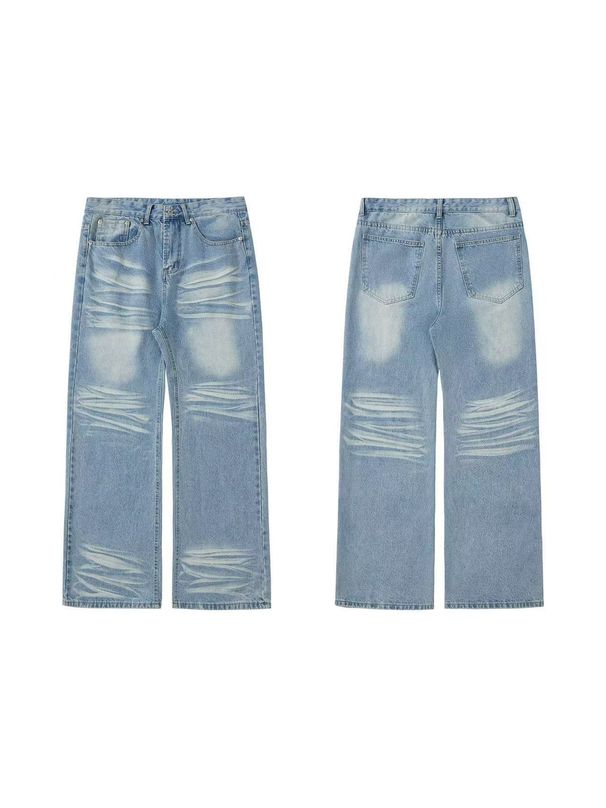 Vintage Washed Blue Jeans – Distressed Whisker & Water Wave Denim Baggy Pants With Flared Hem (Mid-Rise, Non-Stretch, Unisex Fit)_mkmklike.com