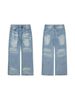 Vintage Washed Blue Jeans – Distressed Whisker & Water Wave Denim Baggy Pants With Flared Hem (Mid-Rise, Non-Stretch, Unisex Fit)_mkmklike.com