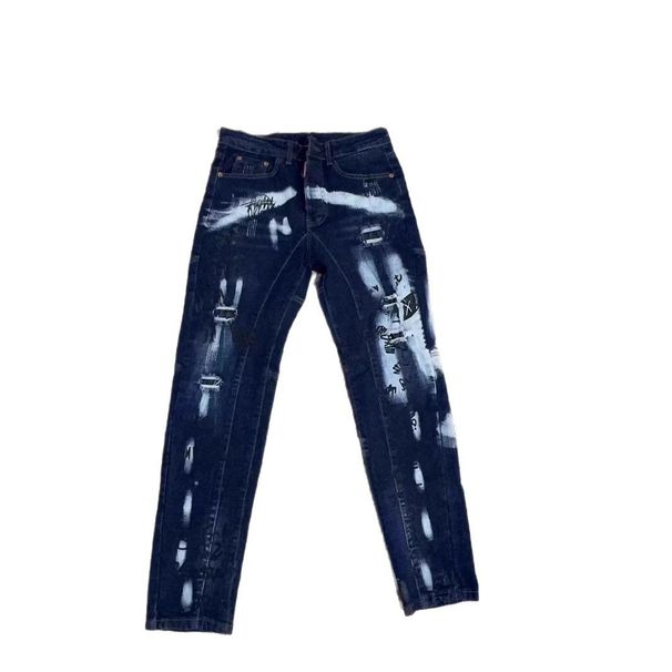 Men's Clothing European And American Style 2025 Spring Heavy Punk Men's Jeans Trendy Blue Ripped Patch Slim Stretch Men's Pants_mkmklike.com