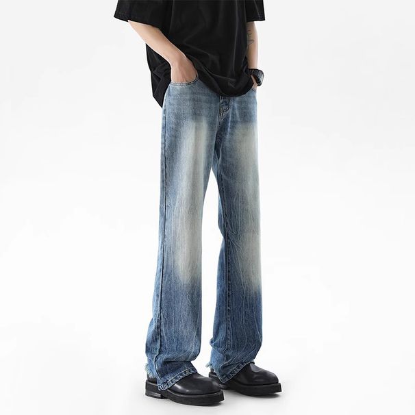 Men's American Style Washed Blue Lightning Bolt Pattern Ripped Jeans Distressed Flared Straight Leg Jeans for Tall Vibe_mkmklike.com