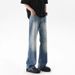 Men's American Style Washed Blue Lightning Bolt Pattern Ripped Jeans Distressed Flared Straight Leg Jeans for Tall Vibe_mkmklike.com