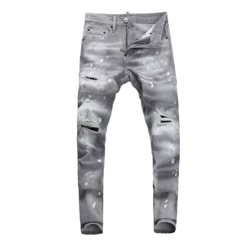 Men's Clothing Street Fashion Jeans Men's Light Gray Washed Hole Patch Paint Trendy Brand Elastic Tight Skinny Pants Men_mkmklike.com