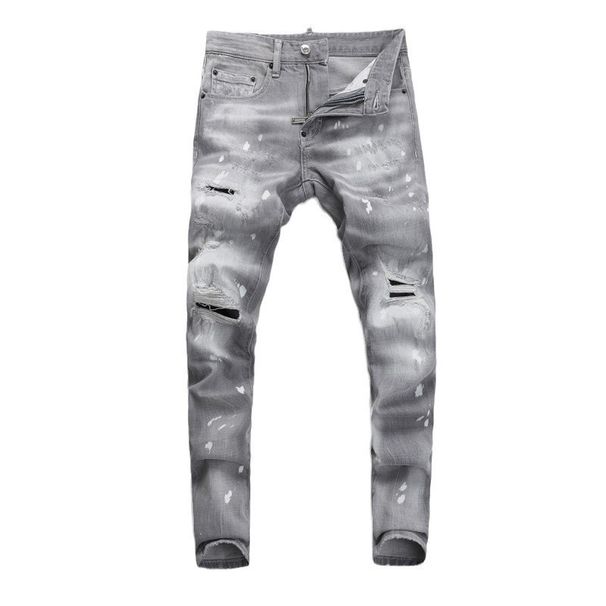 Men's Clothing Street Fashion Jeans Men's Light Gray Washed Hole Patch Paint Trendy Brand Elastic Tight Skinny Pants Men_mkmklike.com