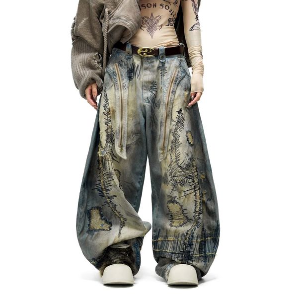 Large Size American Street Heavy Industry Random Needle Embroidery Stained Jeans Men And Women Wasteland Wind Loose Wide Leg Scimitar Pants Tide_mkmklike.com