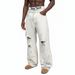 Men's White Distressed Jeans High Street Style Ripped Spray Painted Loose Straight Leg Long Pants From The Crotch_mkmklike.com