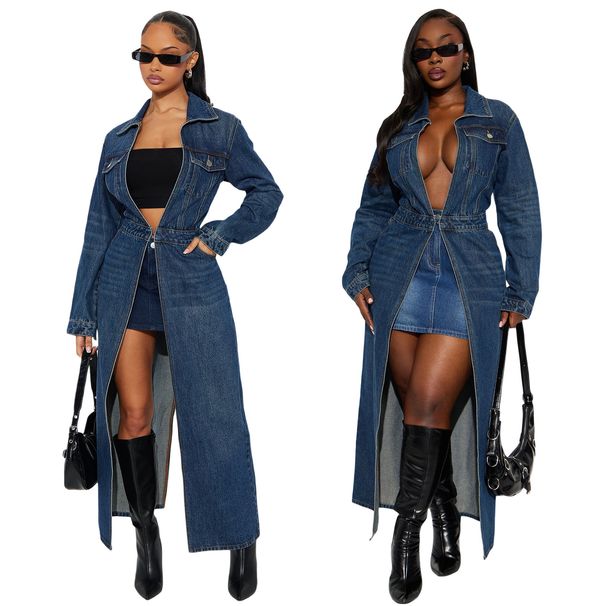 "Stylish Long Sleeve Denim Duster Coat With Pockets - Oversized Open Front Jacket For Women, Streetwear Fashion, S/M/L/XL/2XL"_mkmklike.com