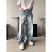 Light Blue Wide Leg Jeans Men's Trendy Loose Straight Leg Drape Trousers mid Waist Zipper Fly Cotton Spring Summer New_mkmklike.com