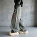 Men's Clothing Trendy Men's Loose Fitting Straight Leg Jeans Graffiti Details Blue Washed Faux Ripped American Style_mkmklike.com