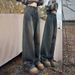 Cement Gray American-style Straight-leg Jeans For Women, 2026 Vintage High-waisted Slimming Drapey Wide-leg Pants, Loose_mkmklike.com