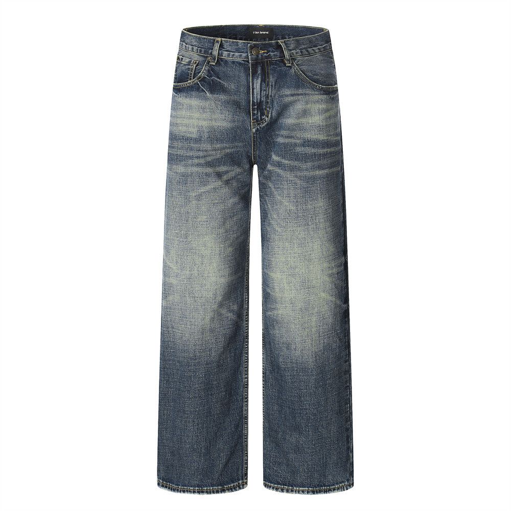Color-Block Washed Denim Punk Distressed Loose Wide-Leg Straight Long Pants Men's High Street Fashion_mkmklike.com