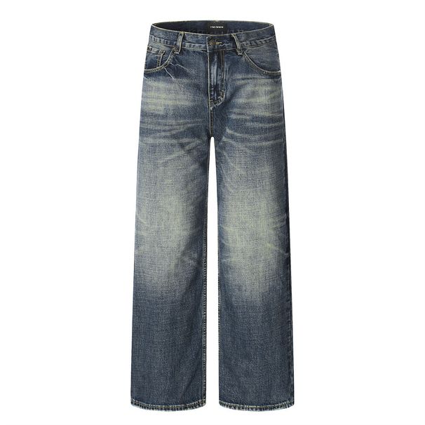 Color-Block Washed Denim Punk Distressed Loose Wide-Leg Straight Long Pants Men's High Street Fashion_mkmklike.com