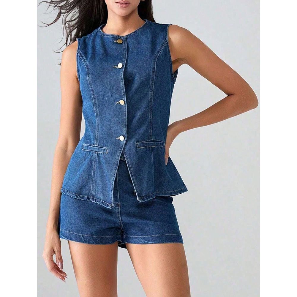 K Fashion Brand Set Sleeveless Denim Shorts Two-piece Set For Women_mkmklike.com