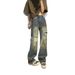 Summer High Street Tide Brand Old Broken Hole Waste Soil Yellow Mud Jeans Men Loose Ruffian Handsome Fried Street Thin Long Pants_mkmklike.com