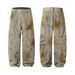 Mud-Dyed Scimitar Men's Loose Wide-Leg Pants Punk Wasteland Ink-Splattered Painted Washed Vintage Dirty Denim Trousers_mkmklike.com