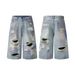 Men's Clothing Street Personality Hand Painted Paint Hole Distressed Wide Leg Jeans Washed Distressed Loose Embroidered Wide Leg Pants_mkmklike.com