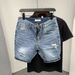 Men Clothing 2025 Summer New Blue Casual Denim Shorts Streetwear Non-elastic Cat Beard Luxury Ripped Hole Blue Slim 4point Pants_mkmklike.com