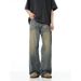 Men's Niche Worn And Distressed Retro Washed Straight Jeans Loose Versatile Wide Leg Floor Length Trousers For Autumn_mkmklike.com