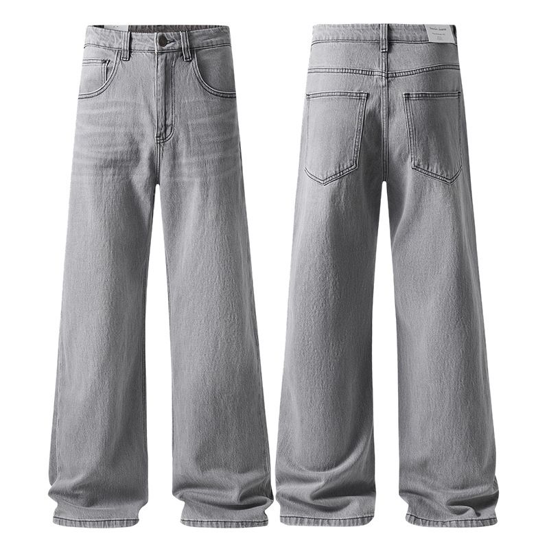 Minimalist Washed Grey Flared Jeans – Relaxed Wide-Leg Trousers For Men (97.8% Cotton Vintage Denim With Subtle Bell-Bottom)_mkmklike.com