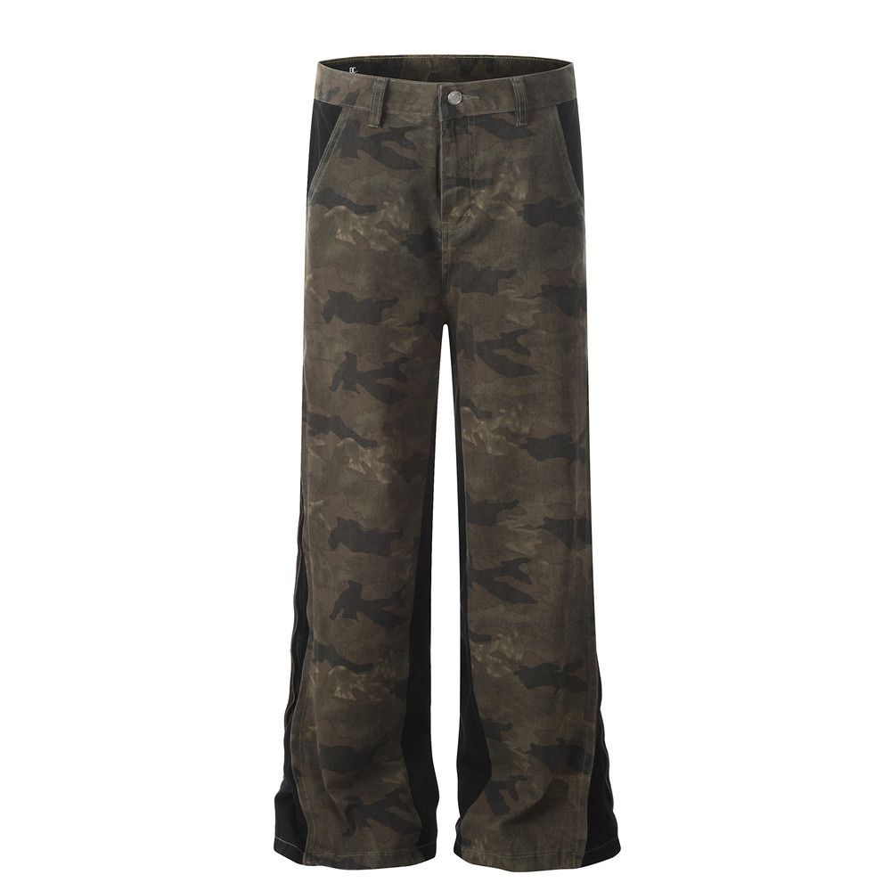 American Style Loose Camouflage Men's Long Pants Design Side Splicing Cuff Zipper Flared Jeans Trendy_mkmklike.com