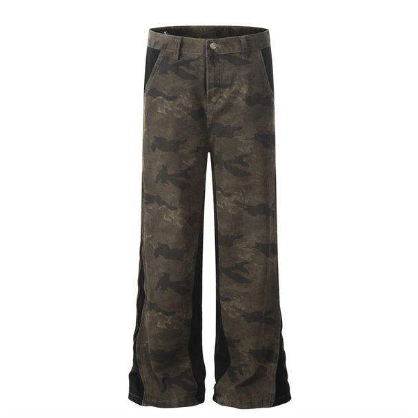 American Style Loose Camouflage Men's Long Pants Design Side Splicing Cuff Zipper Flared Jeans Trendy_mkmklike.com