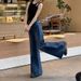 Hong Kong Style Retro Dark Blue Draped Flared Jeans For Women, Spring And Autumn, Petite Loose Wide-Leg Pants,_mkmklike.com