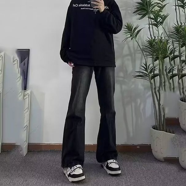 Men's Black Flared Jeans Loose Fit Straight Leg Stylish Sophisticated American High Street Trendy Trousers for Spring Summer Autumn_mkmklike.com