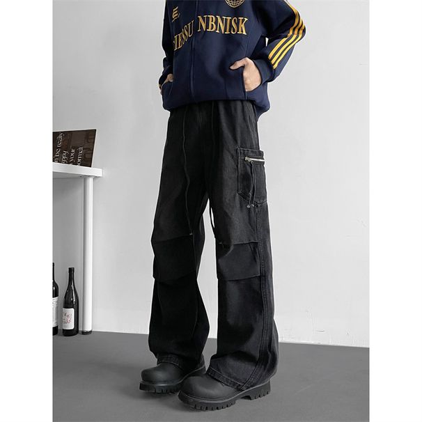 Men's Pleated Jeans High Street Retro Distressed Washed Casual Loose Drape Cargo Trousers Vintage Style American_mkmklike.com