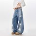 Men's Clothing Distressed Paint Graffiti Five Pointed Star Jeans Distressed Graffiti Star Denim Jeans - Summer Loose Straight Leg Casual Wide Pants_mkmklike.com